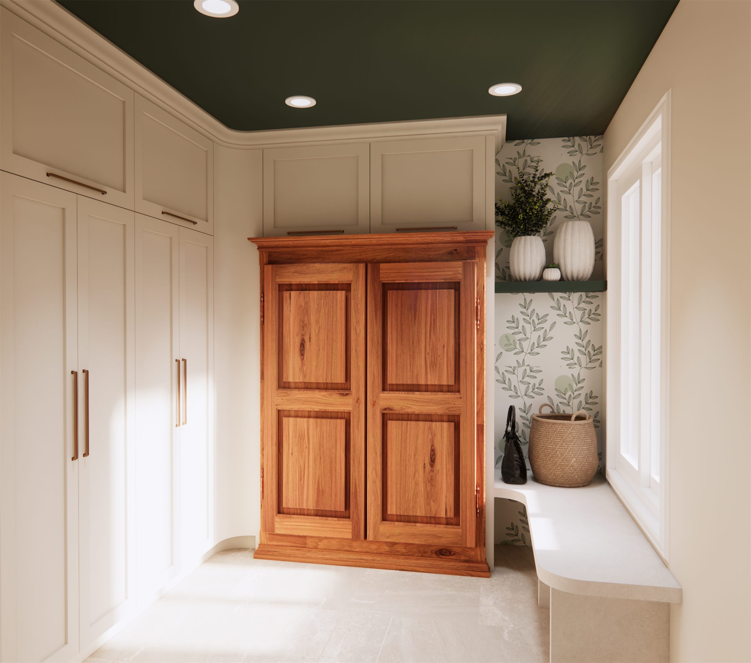 Rendu 3D du mudroom réaménagé autour de la même armoire antique : armoires jusqu'au plafond, plafond vert et banc d'entrée, Québec